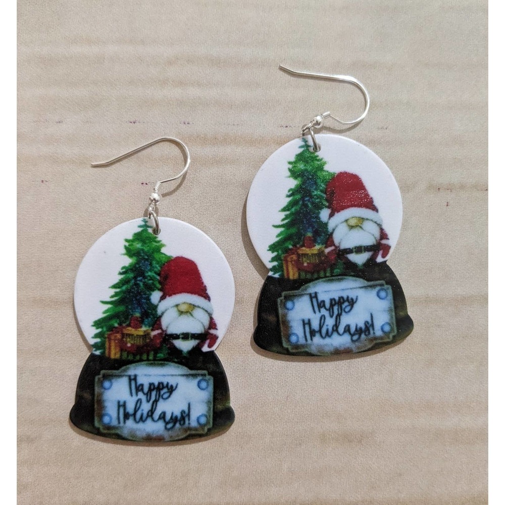 4/$20 New gnome snow globe happy holiday Earrings Christmas party celebration
